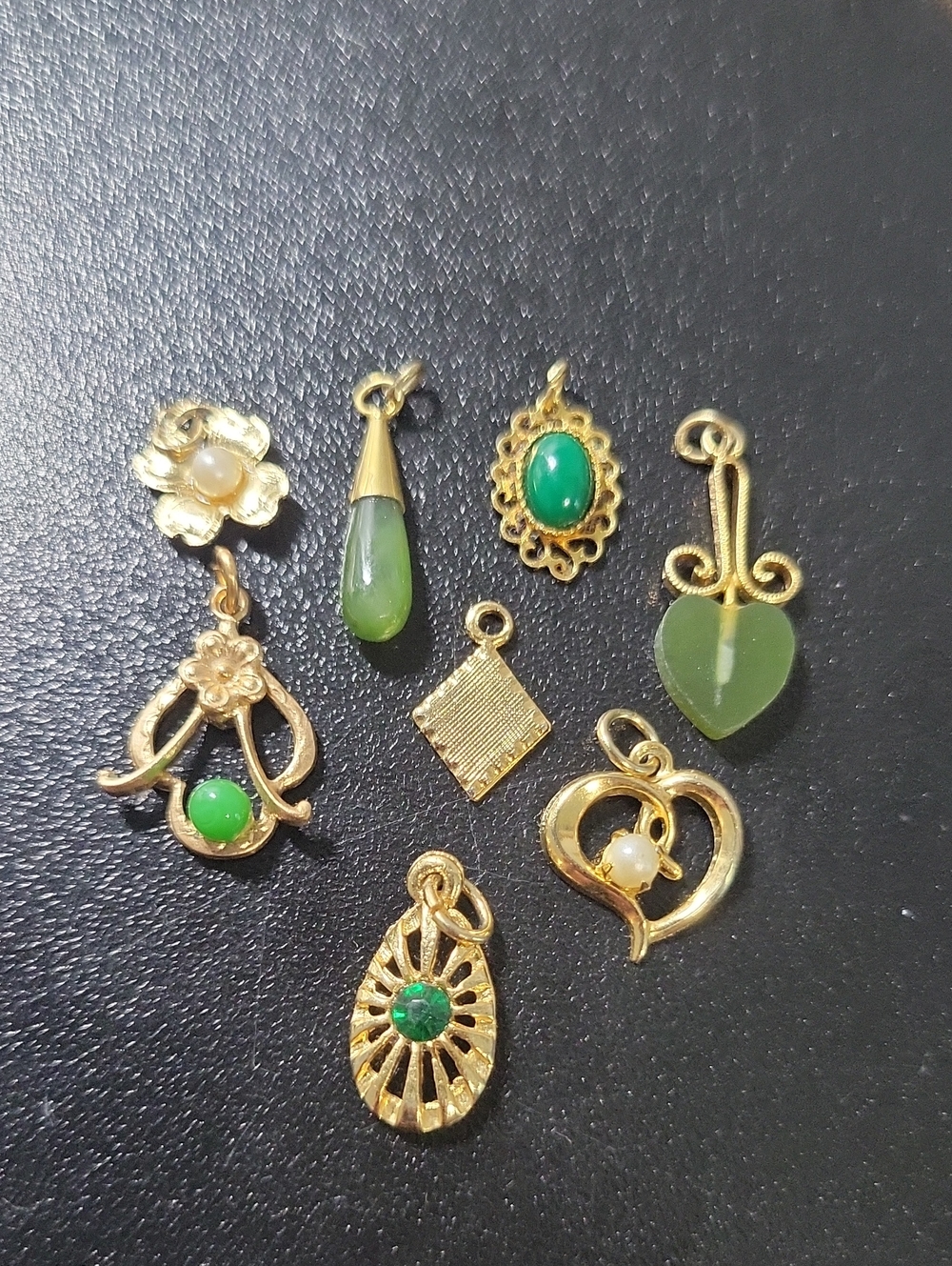 Small Gold-Tone Green Gemstone Charm Lot
